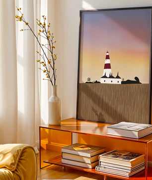 Lighthouse at Dusk with Colorful Sky and Field Landscape