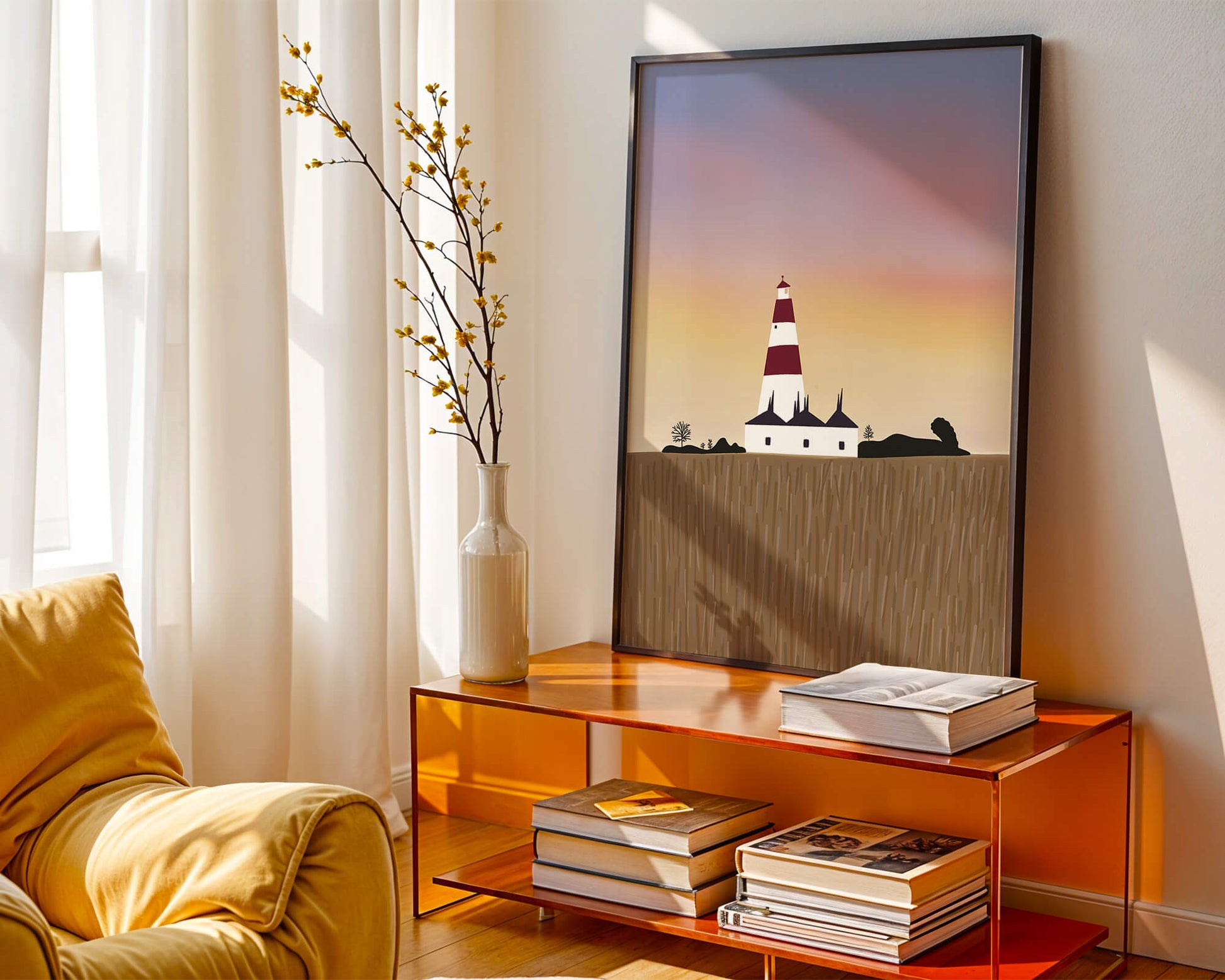 Lighthouse at Dusk with Colorful Sky and Field Landscape