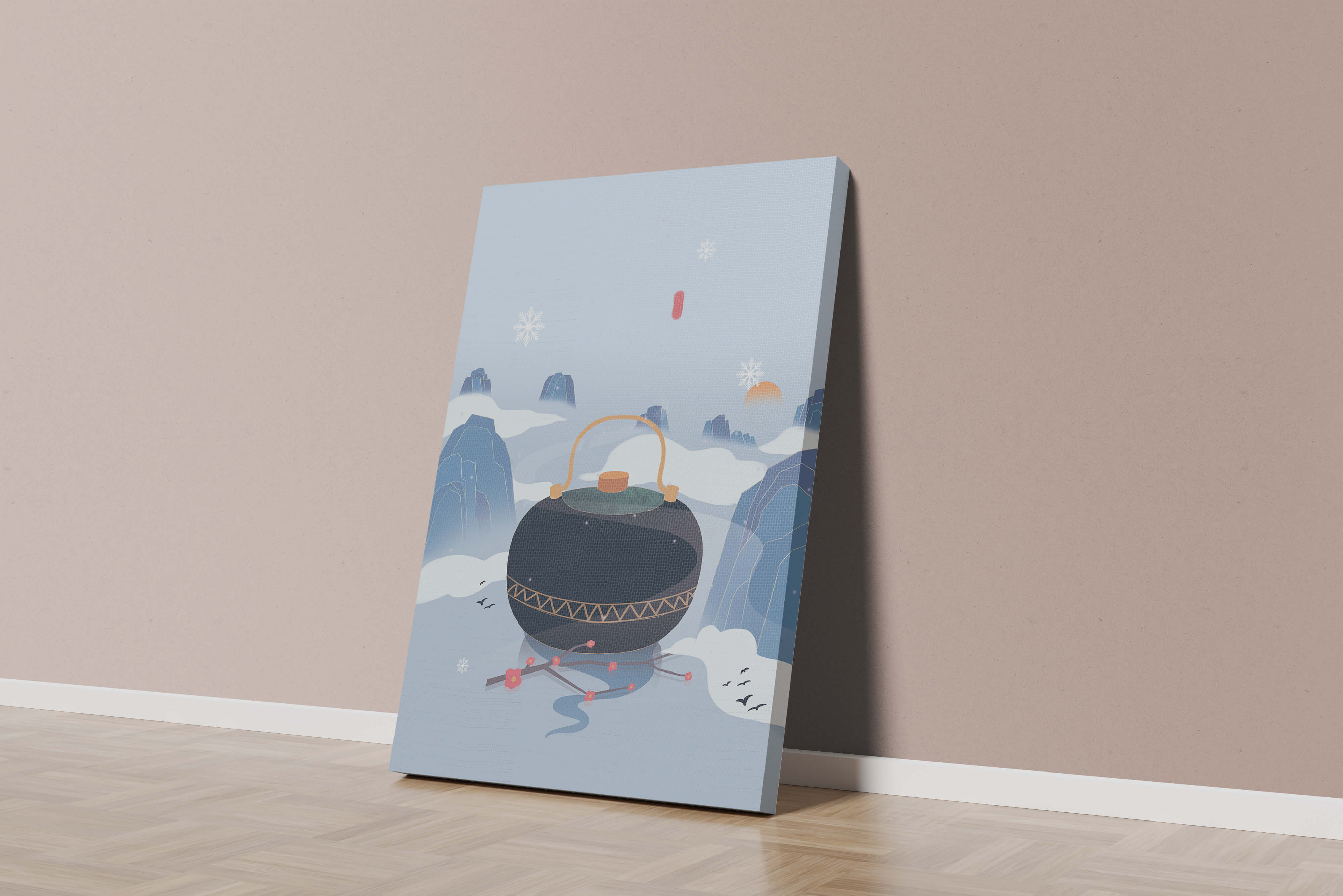 Peaceful winter landscape with kettle and cherry blossoms