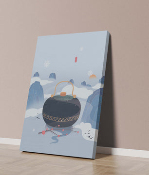 Peaceful winter landscape with kettle and cherry blossoms