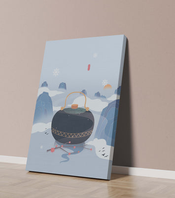 Peaceful winter landscape with kettle and cherry blossoms