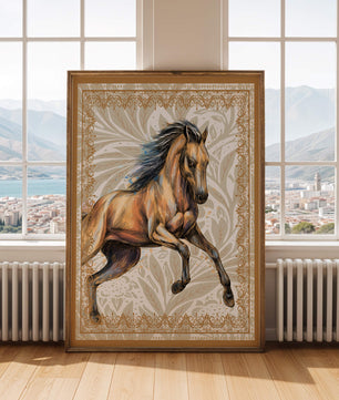 Elegant horse illustration with ornate golden frame