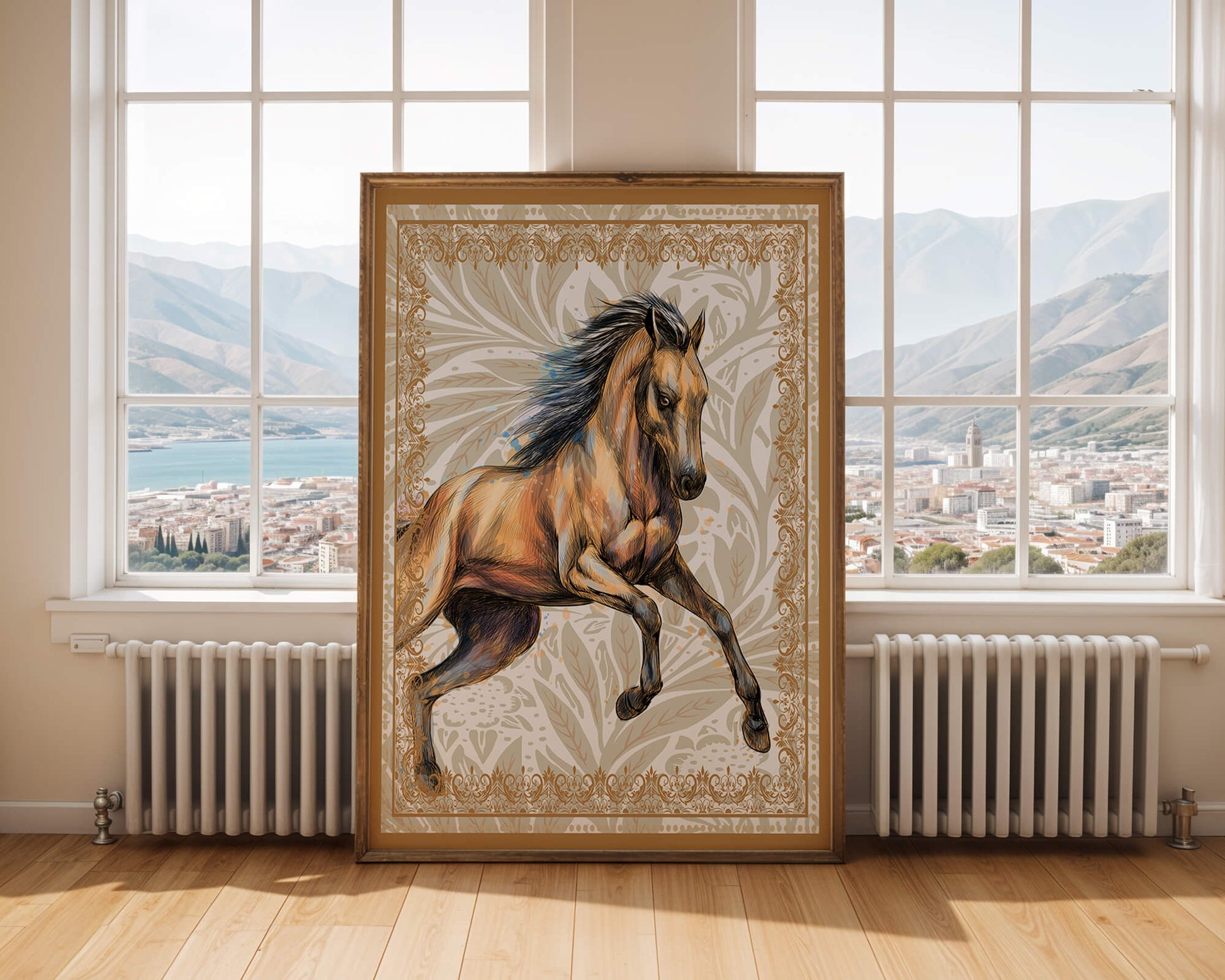 Elegant horse illustration with ornate golden frame
