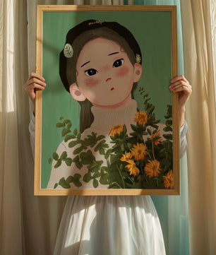 Illustration of a girl with flowers and a beret on a green background