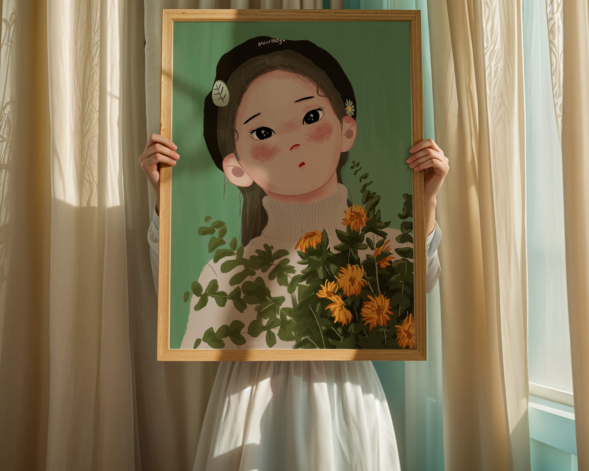 Illustration of a girl with flowers and a beret on a green background
