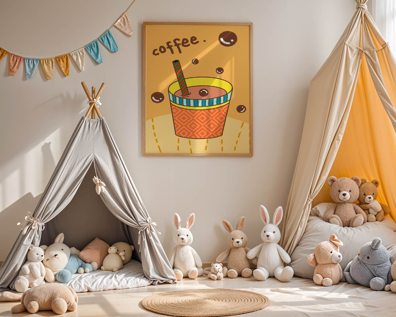 Colorful coffee cup illustration with bubbles and straw