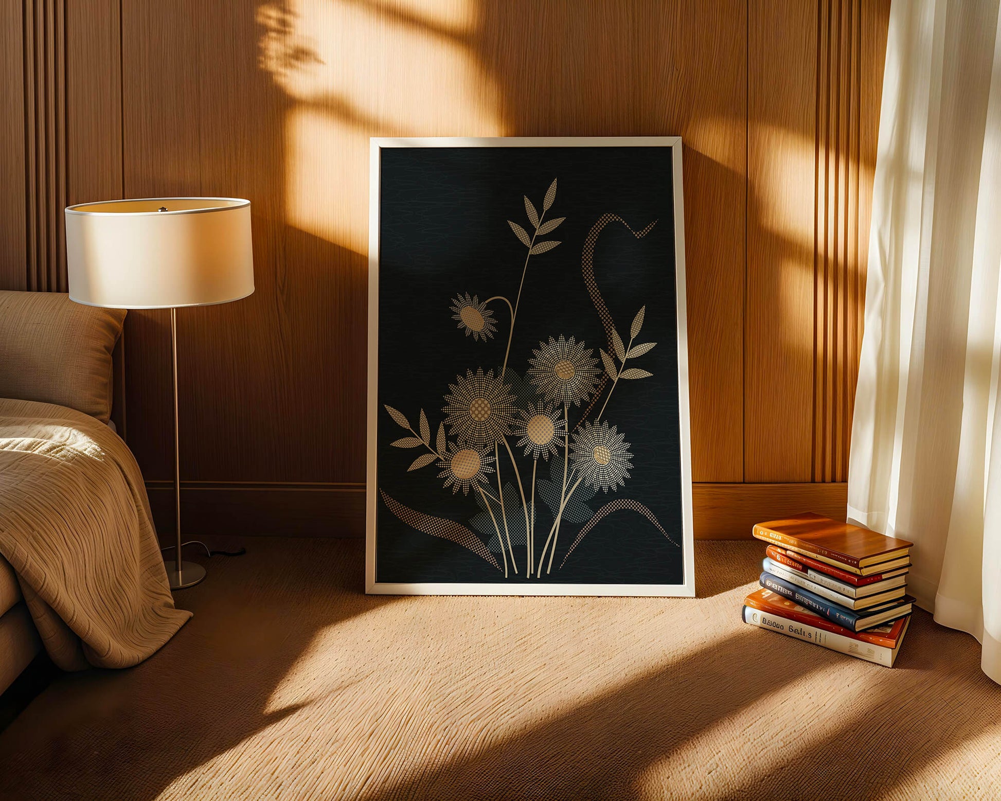 Abstract floral design with intricate patterns on dark background