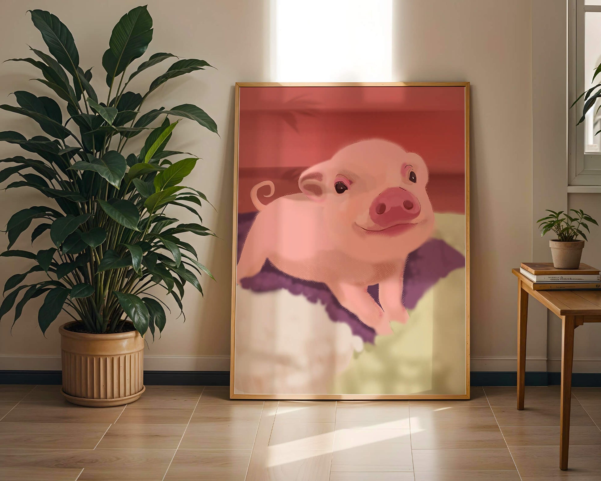 Una encantadora ilustración de un lindo cerdito con un fondo cálido.