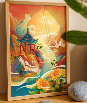 Mystical landscape with cranes and serene mountains