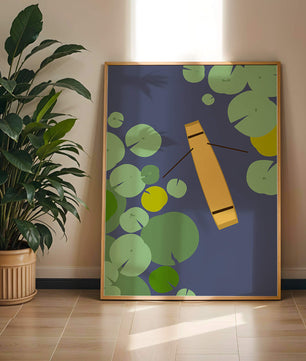 Top view of a yellow canoe among green lily pads on a calm lake