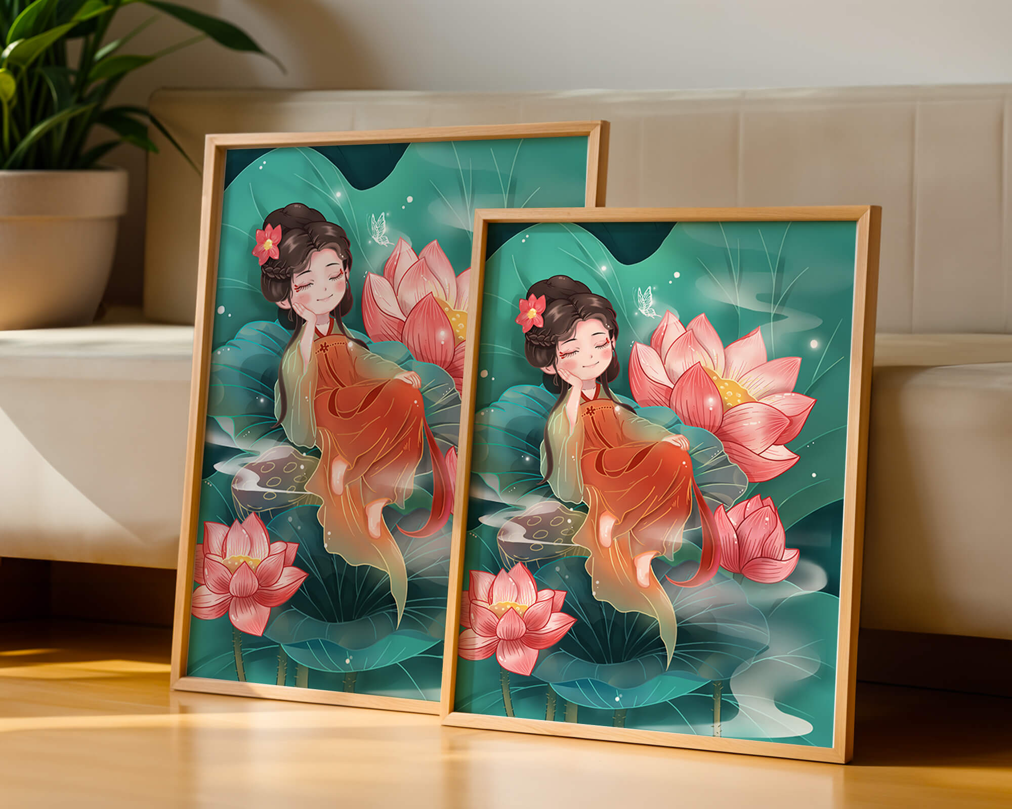 Charming illustration of a girl resting amidst lotus flowers