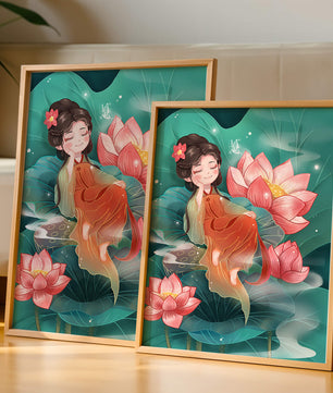 Charmante illustration d'une fille se reposant parmi des fleurs de lotus