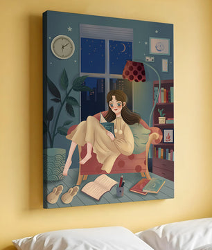 Cozy Nighttime Reading in a Living Room with Moonlit Window