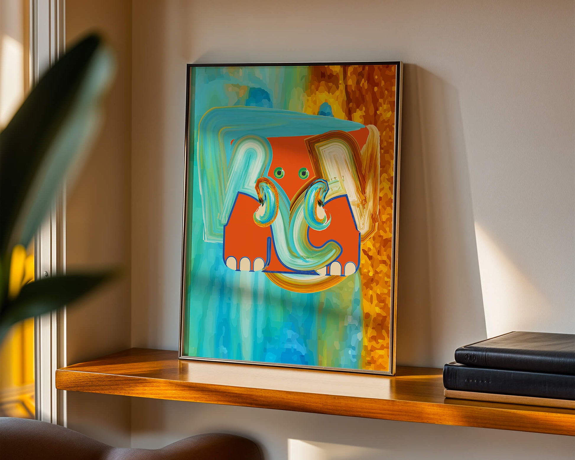 Pintura abstracta colorida de un elefante con tonos vibrantes y pinceladas artísticas.