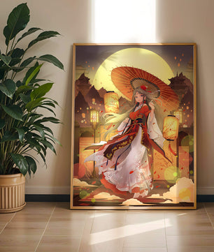 Illustration élégante sur le thème japonais avec une femme sous une ombrelle