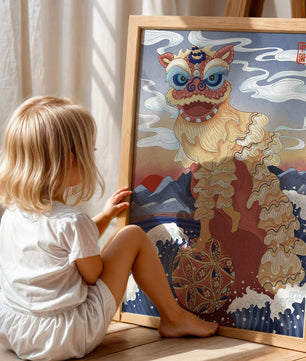 Traditionelle chinesische Löwentanzkunst mit malerischem Hintergrund