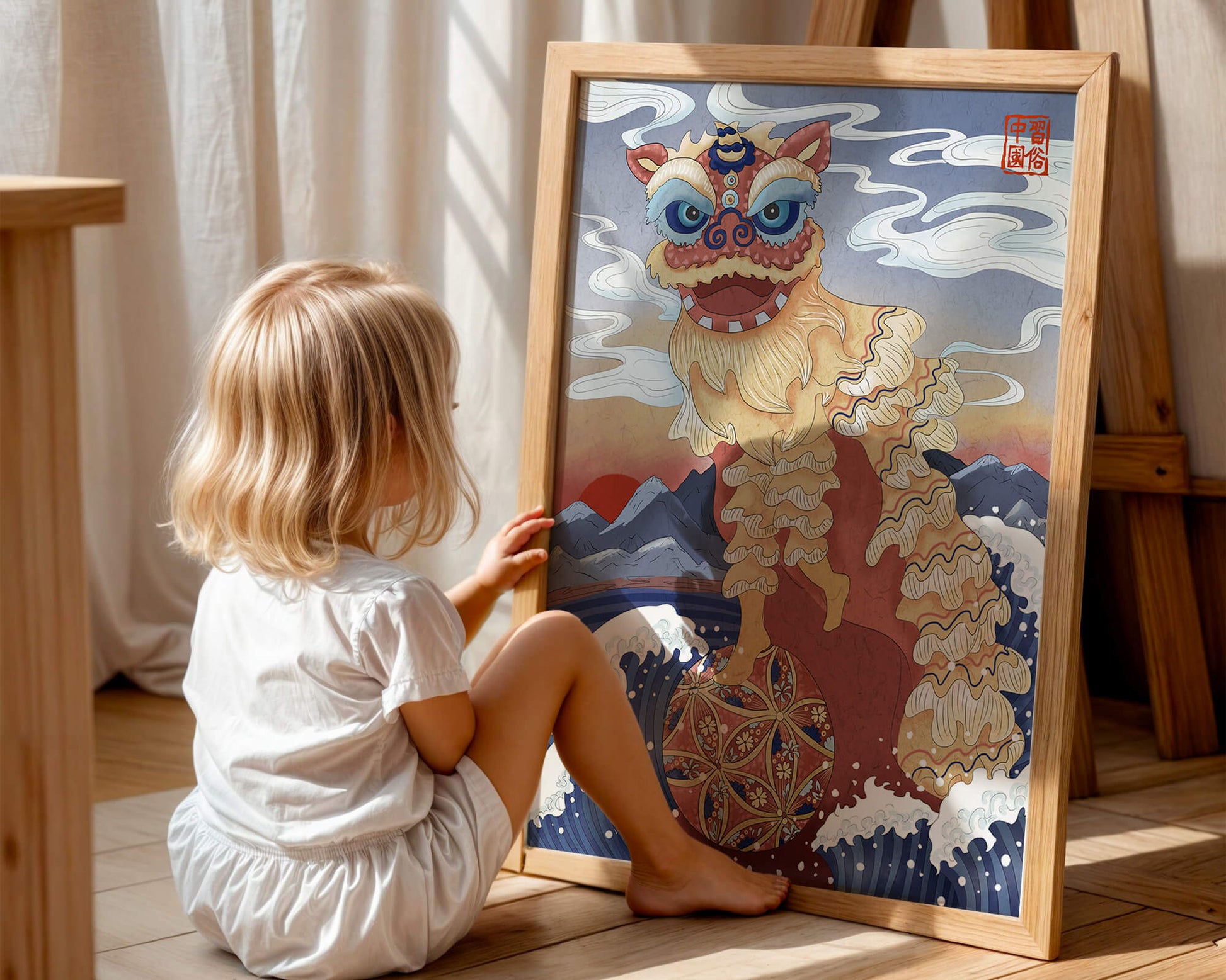 Traditionelle chinesische Löwentanzkunst mit malerischem Hintergrund