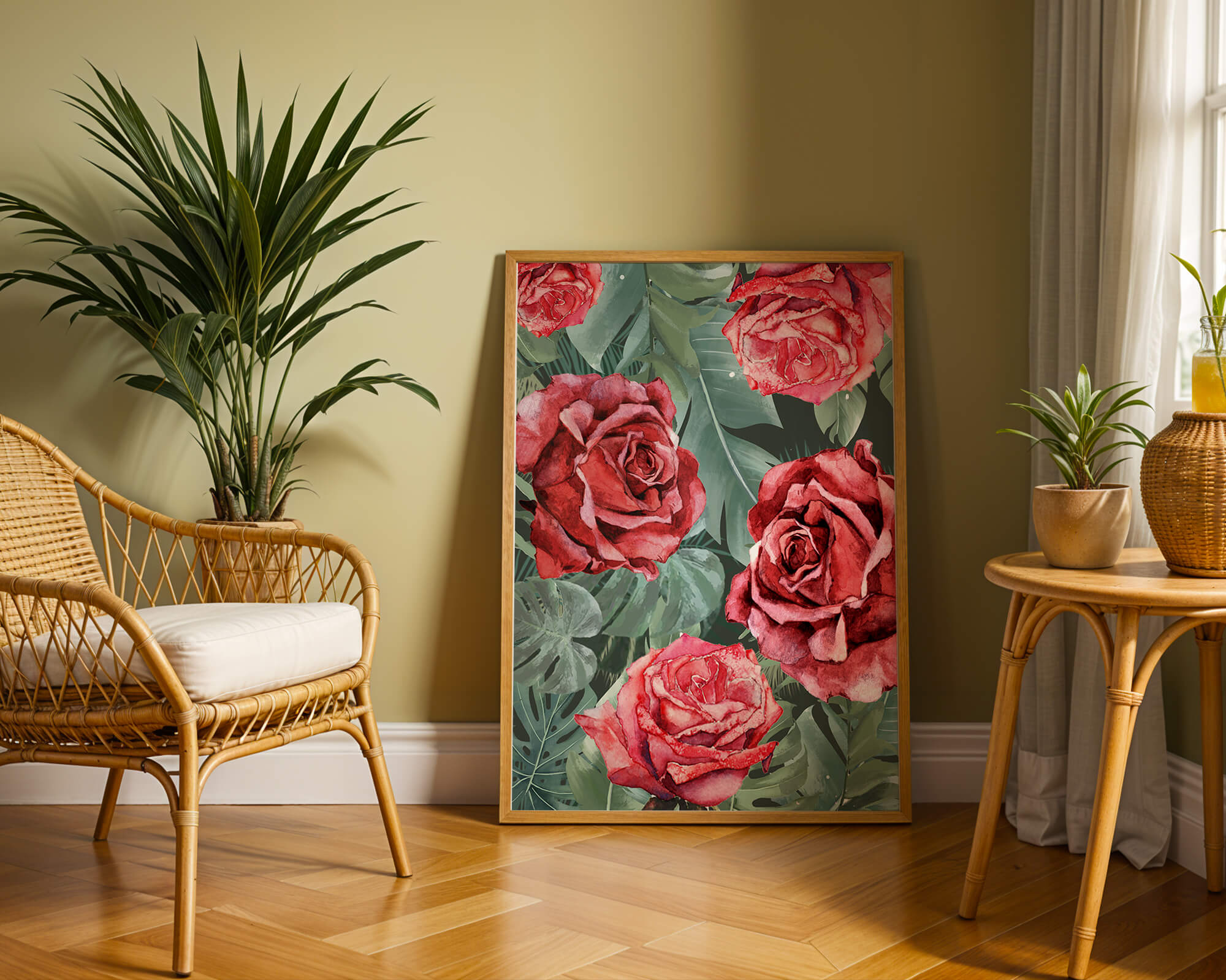 Red roses and green foliage pattern in watercolor style