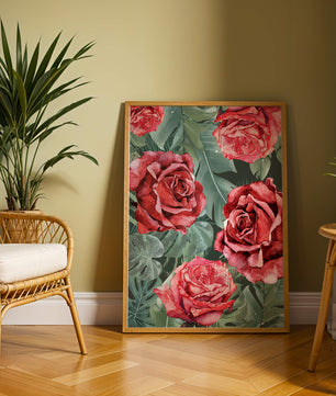 Red roses and green foliage pattern in watercolor style