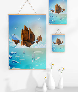 Majestic Sea Cliffs and Sailboats in Serene Landscape