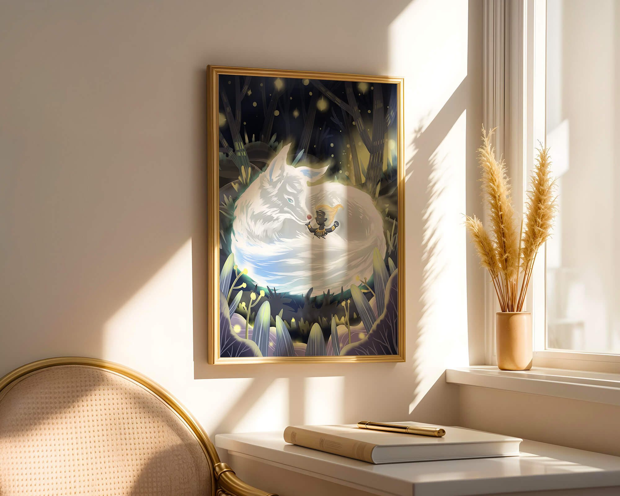 Whimsical forest scene with a sleeping wolf and a mysterious figure at night