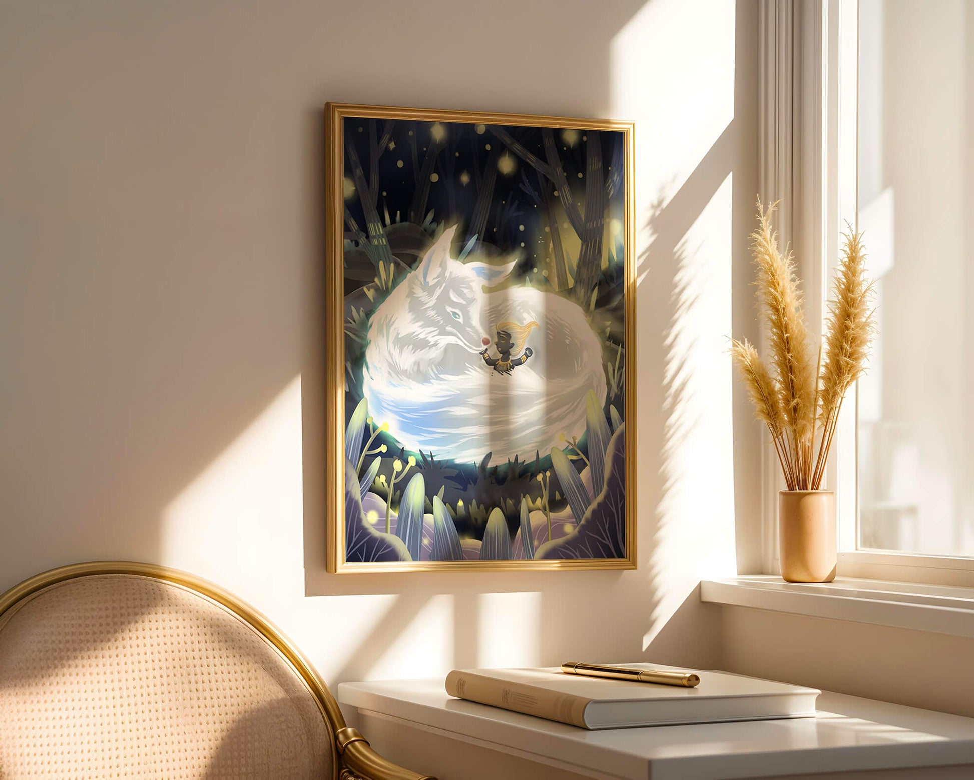 Whimsical forest scene with a sleeping wolf and a mysterious figure at night
