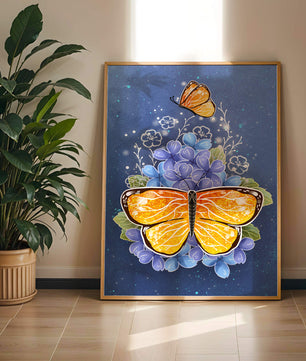 Bright butterfly with blue flowers on a starry background