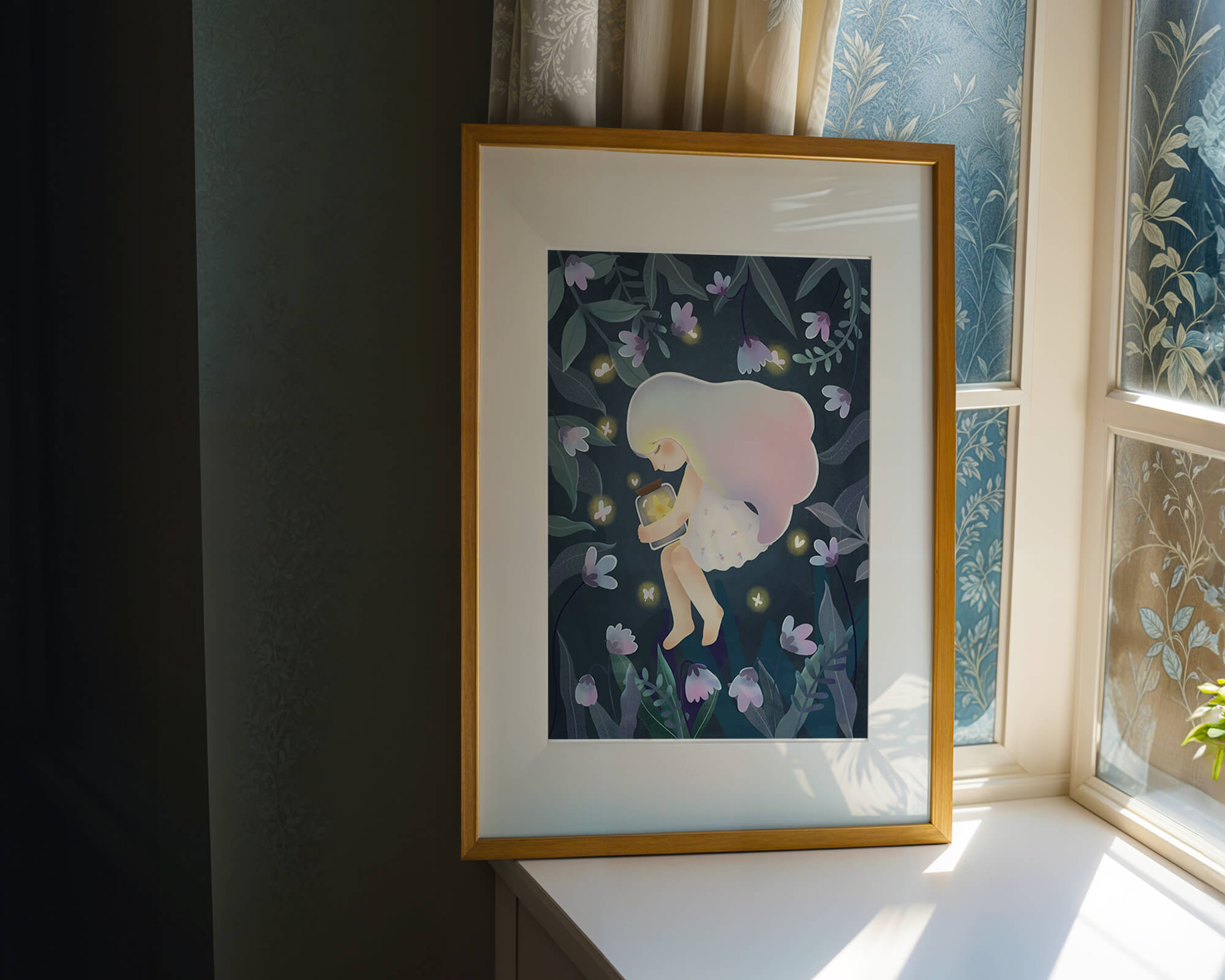 Illustration of a girl with glowing jar in moonlit garden