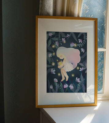 Illustration of a girl with glowing jar in moonlit garden