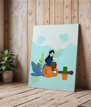 Illustration of a woman with coffee sitting on a guitar surrounded by foliage