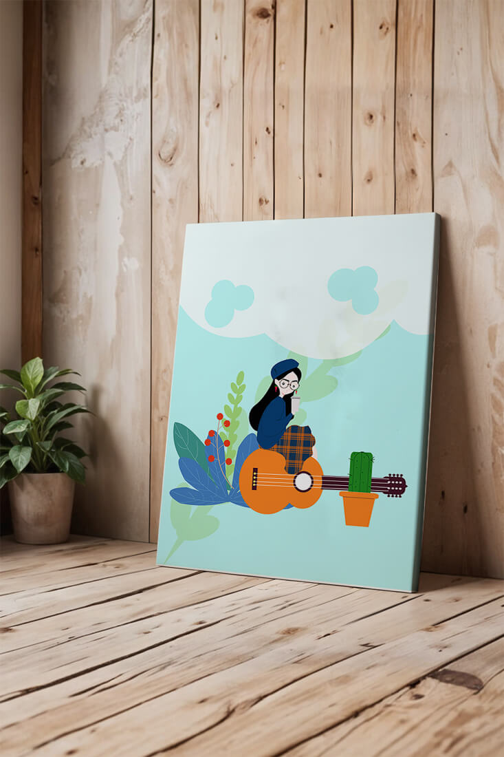 Illustration of a woman with coffee sitting on a guitar surrounded by foliage