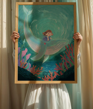 Underwater scene with child and whale surrounded by marine life