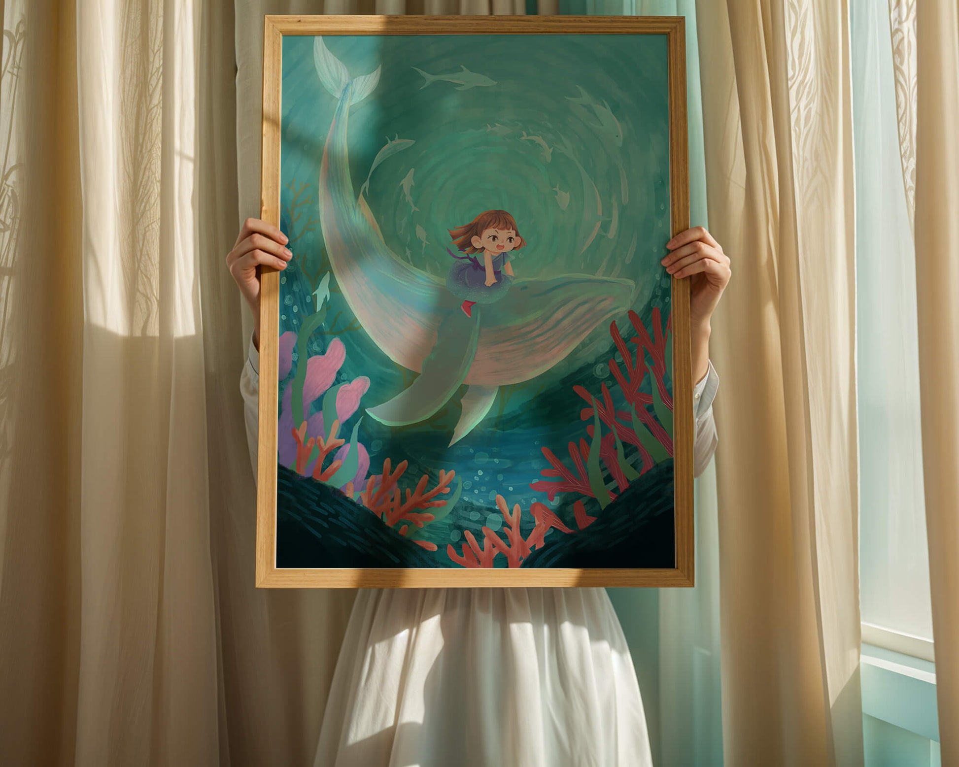 Underwater scene with child and whale surrounded by marine life