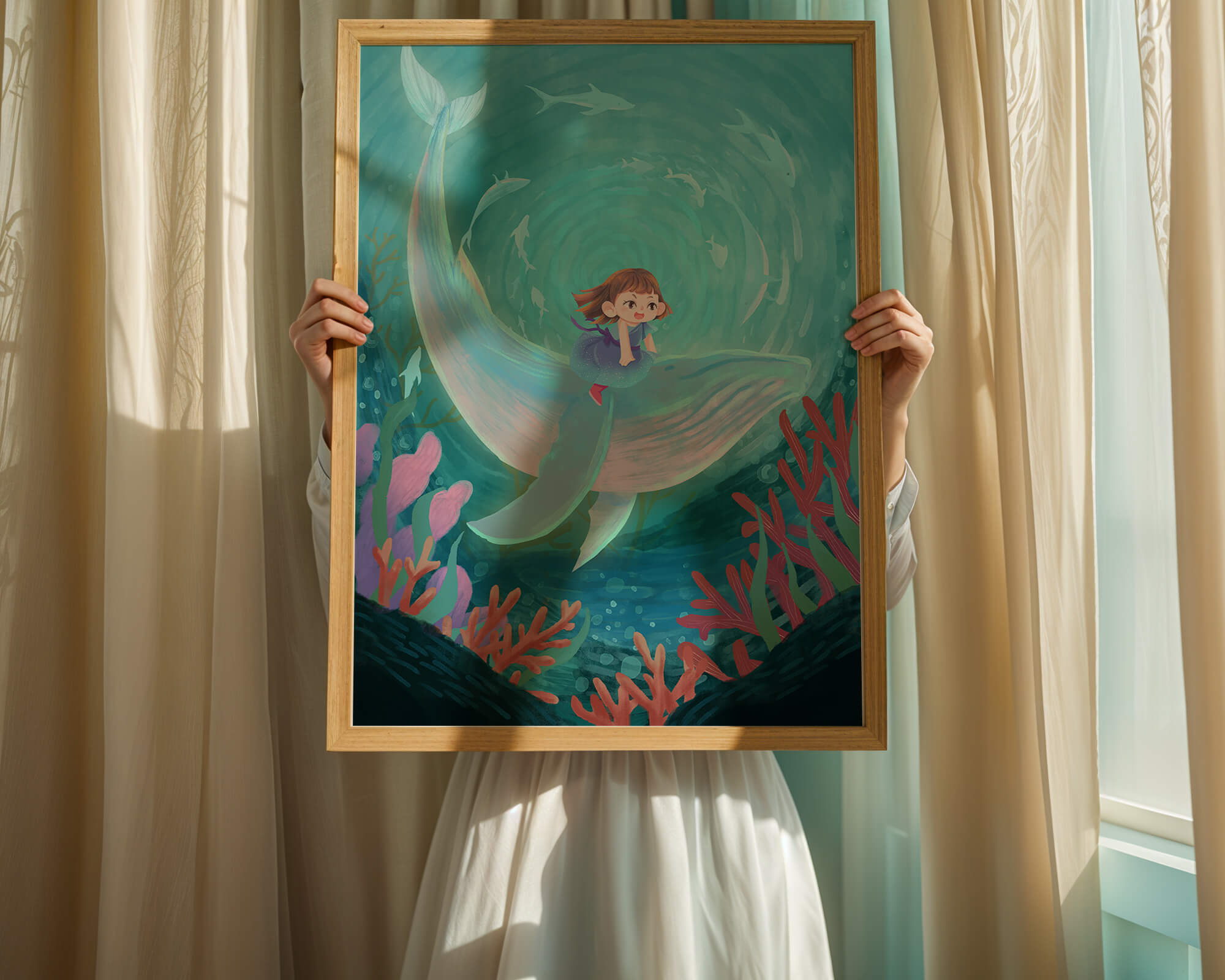 Underwater scene with child and whale surrounded by marine life