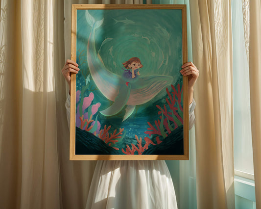 Underwater scene with child and whale surrounded by marine life