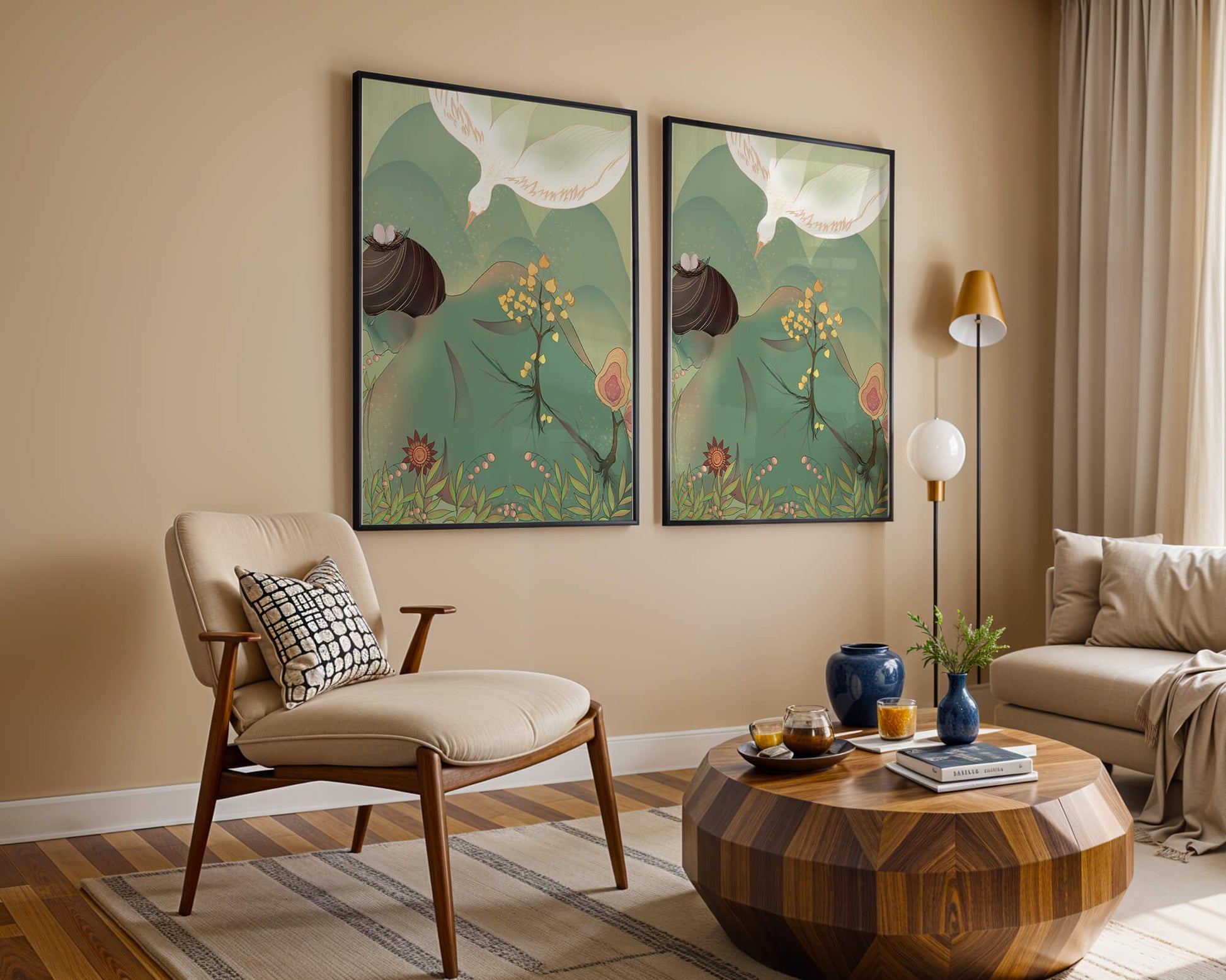 Dreamy nature-inspired illustration with bird and plant elements