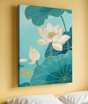 Lotus Flowers with Golden Accents on Aqua Background