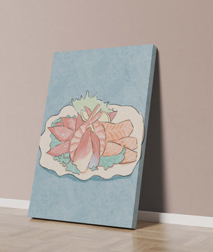 Illustration of seafood platter with shrimp and salmon on a decorative plate