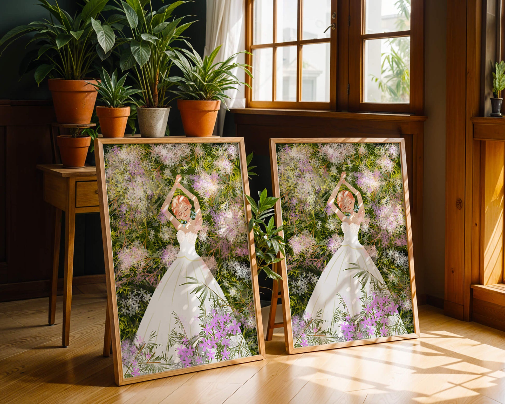 Woman in white dress lying among flowers in a garden