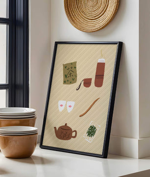Illustración de un juego de té tradicional con hojas de té y accesorios