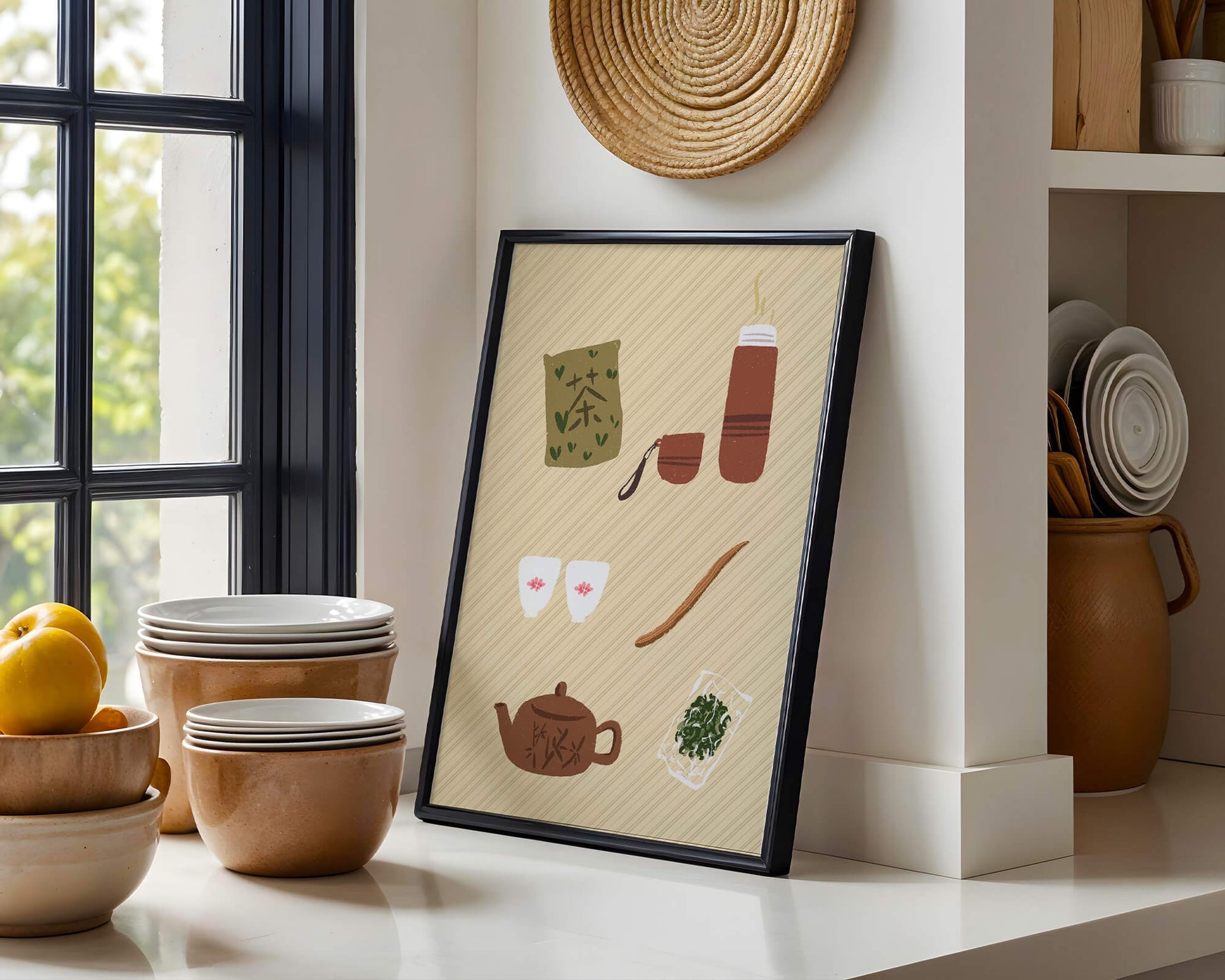 Illustración de un juego de té tradicional con hojas de té y accesorios