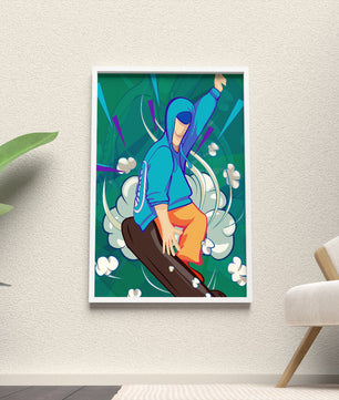 Ilustración abstracta colorida de una persona en movimiento con tonos azules y verdes