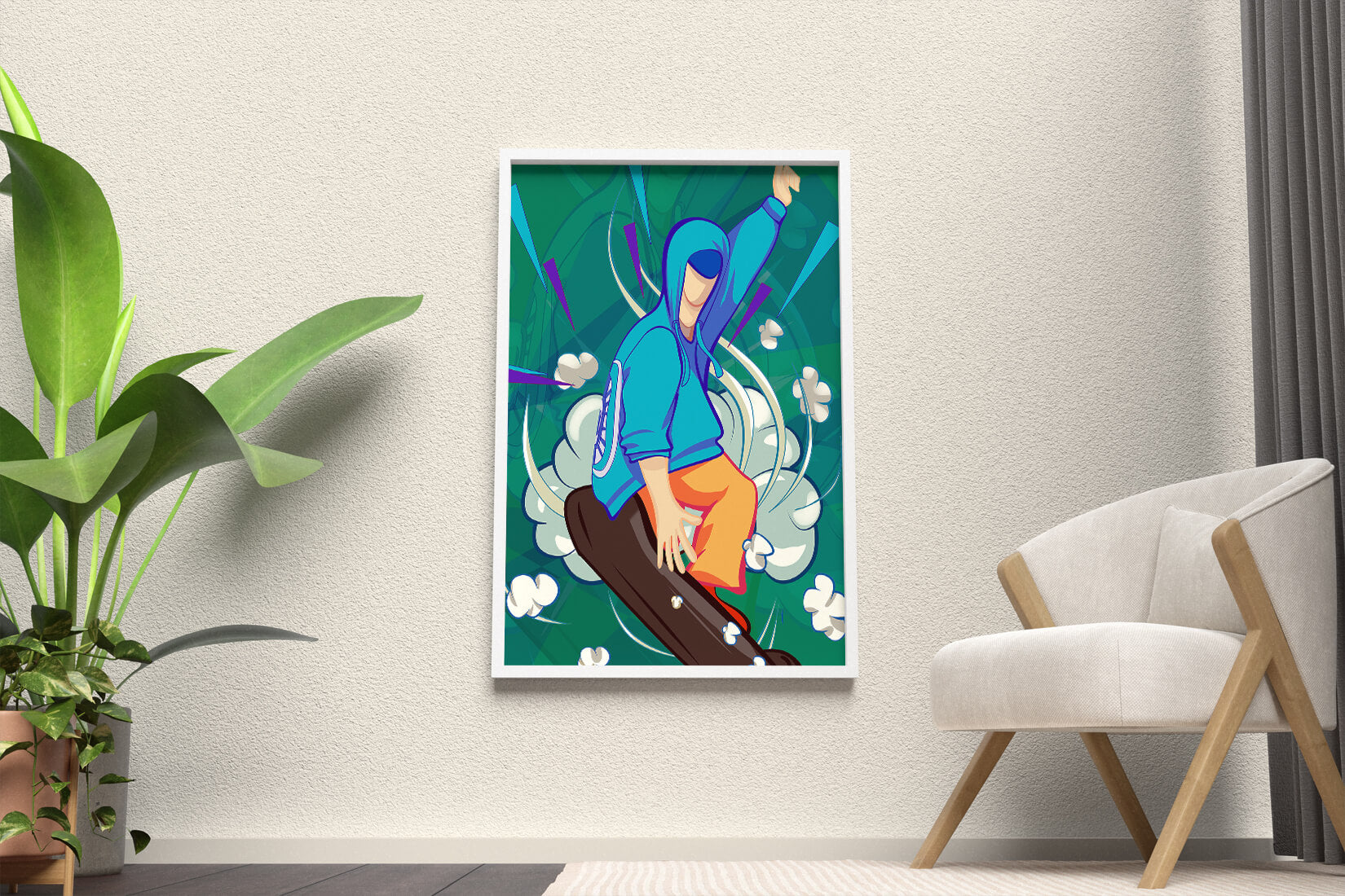 Ilustración abstracta colorida de una persona en movimiento con tonos azules y verdes