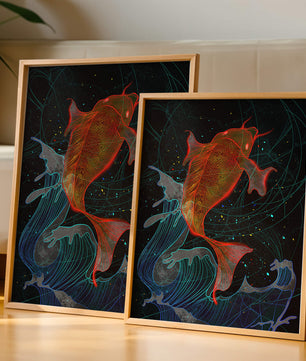 Koi Fish with Abstract Waves in Vibrant Colors