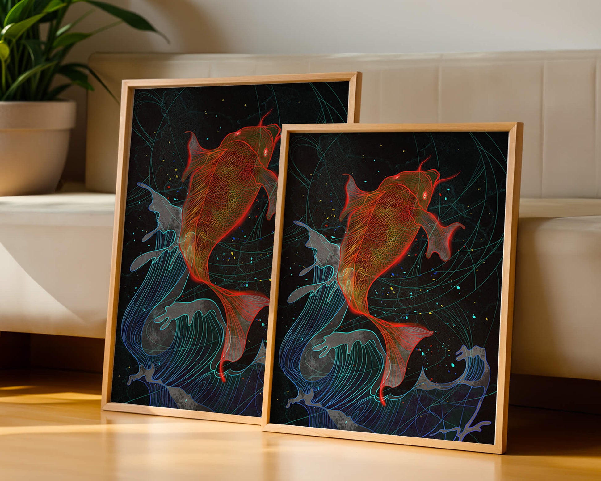 Koi Fish with Abstract Waves in Vibrant Colors