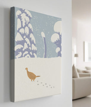 Winter landscape with pheasant walking through snowy forest