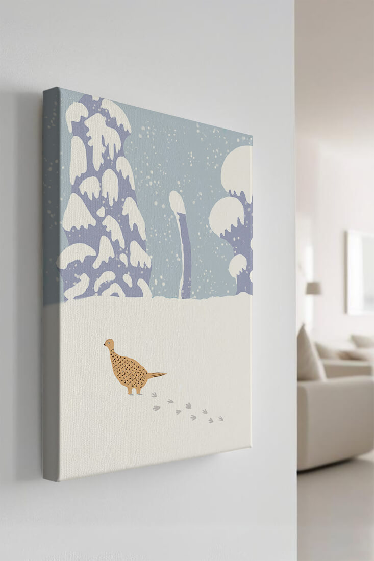Winter landscape with pheasant walking through snowy forest