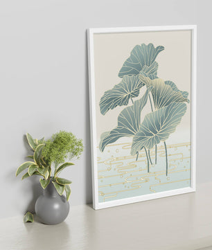 Elegant botanical illustration featuring large leaves with golden accents