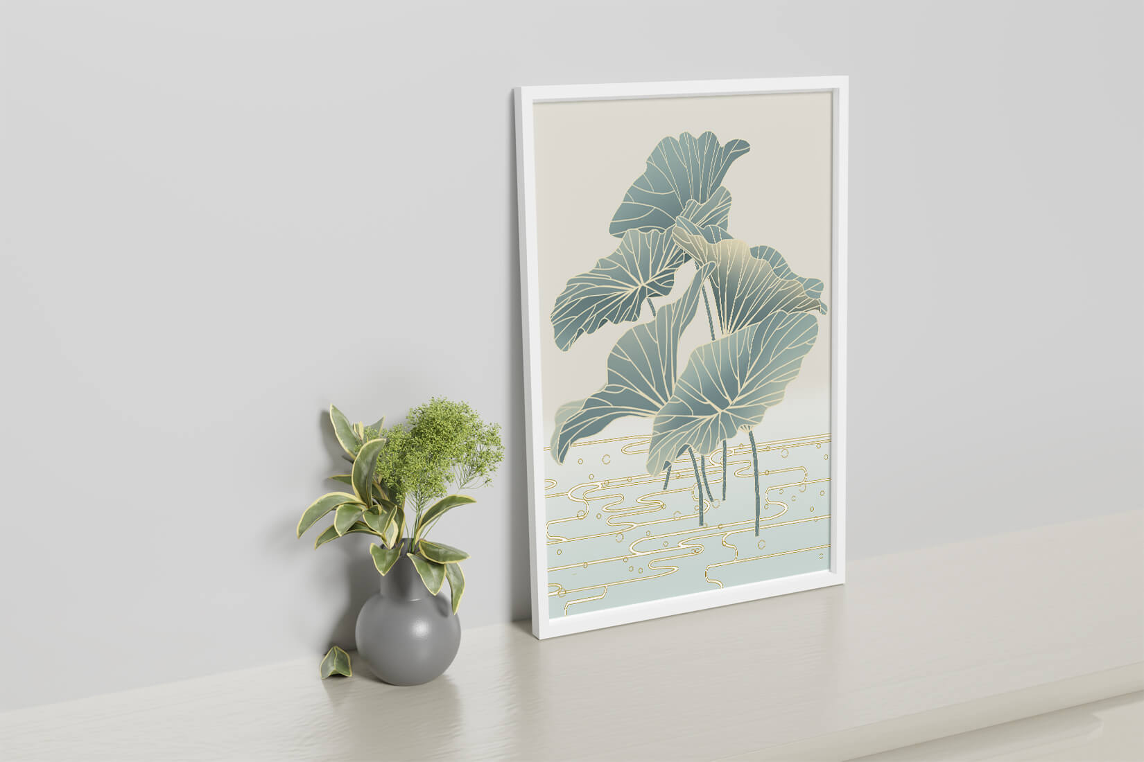 Elegant botanical illustration featuring large leaves with golden accents