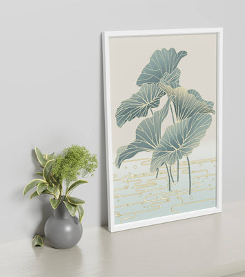 Elegant botanical illustration featuring large leaves with golden accents